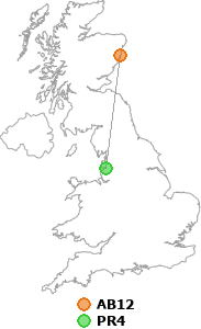 map showing distance between AB12 and PR4