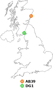 map showing distance between AB39 and DG1