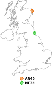 map showing distance between AB42 and NE34