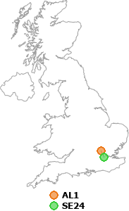 map showing distance between AL1 and SE24