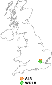 map showing distance between AL3 and WD18