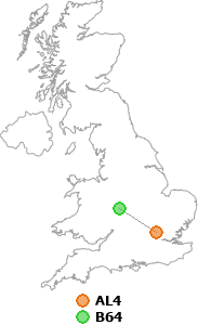 map showing distance between AL4 and B64