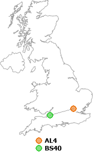 map showing distance between AL4 and BS40