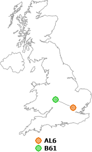 map showing distance between AL6 and B61