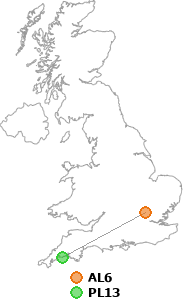 map showing distance between AL6 and PL13