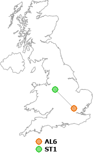 map showing distance between AL6 and ST1