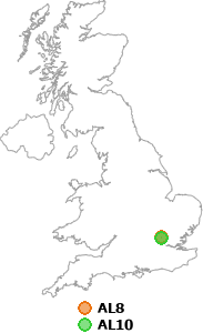 map showing distance between AL8 and AL10