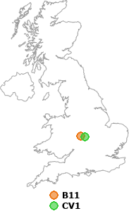 map showing distance between B11 and CV1