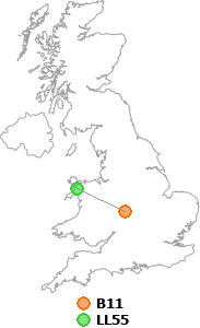 map showing distance between B11 and LL55