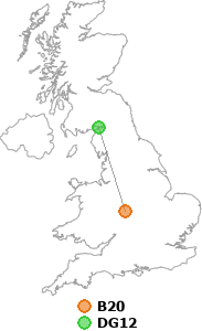 map showing distance between B20 and DG12