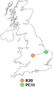 map showing distance between B20 and PE31