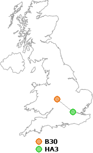 map showing distance between B30 and HA3