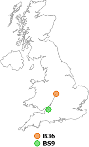 map showing distance between B36 and BS9