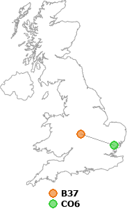 map showing distance between B37 and CO6