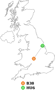 map showing distance between B38 and HU6