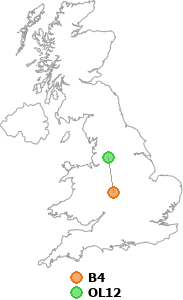 map showing distance between B4 and OL12