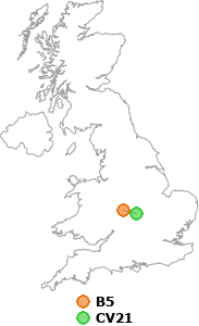 map showing distance between B5 and CV21