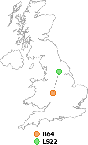 map showing distance between B64 and LS22