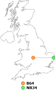 map showing distance between B64 and NR34