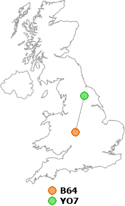 map showing distance between B64 and YO7