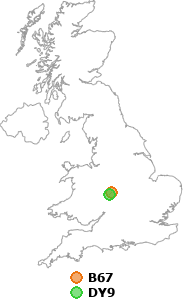 map showing distance between B67 and DY9