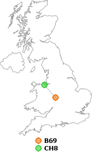 map showing distance between B69 and CH8