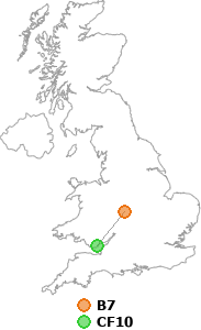 map showing distance between B7 and CF10