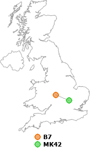 map showing distance between B7 and MK42