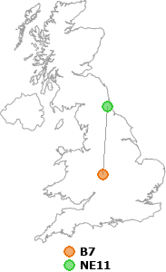 map showing distance between B7 and NE11