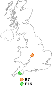 map showing distance between B7 and PL6