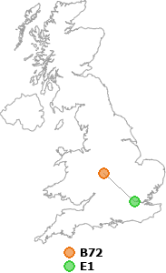 map showing distance between B72 and E1