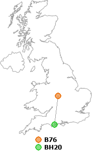 map showing distance between B76 and BH20