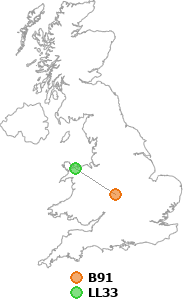 map showing distance between B91 and LL33