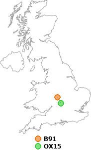 map showing distance between B91 and OX15