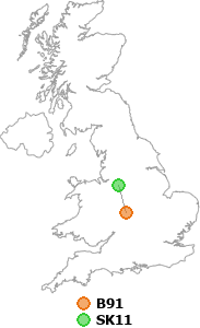 map showing distance between B91 and SK11