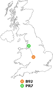 map showing distance between B92 and PR7