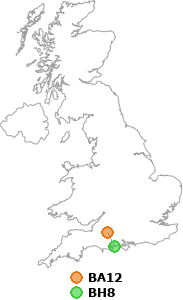 map showing distance between BA12 and BH8