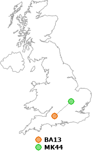 map showing distance between BA13 and MK44