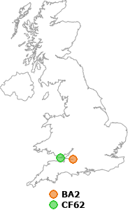 map showing distance between BA2 and CF62