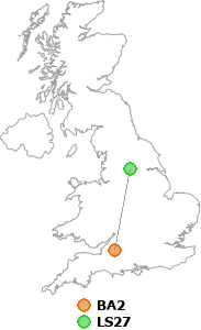 map showing distance between BA2 and LS27