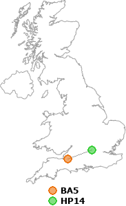 map showing distance between BA5 and HP14