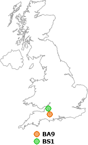 map showing distance between BA9 and BS1