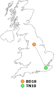 map showing distance between BD18 and TN10