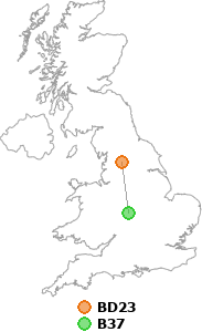 map showing distance between BD23 and B37