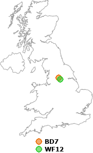 map showing distance between BD7 and WF12