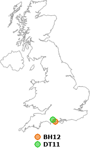 map showing distance between BH12 and DT11