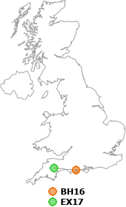 map showing distance between BH16 and EX17