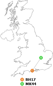 map showing distance between BH17 and MK44