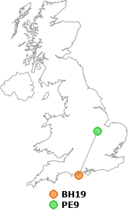 map showing distance between BH19 and PE9