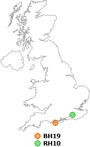 map showing distance between BH19 and RH10